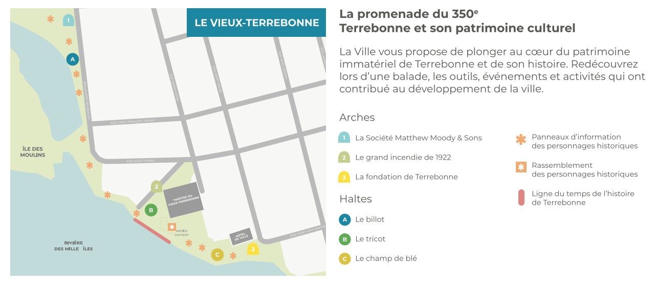 Carte de la promenade du 350ème Terrebonne. La ville vous propose de plonger au coeur du patrimoine immatériel de Terrebonne et de son histoire.